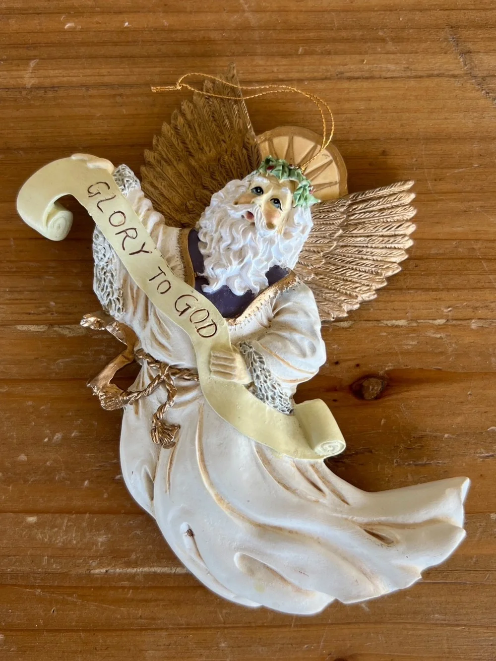 Angel Ornament with 'Glory to God' Banner - Cream and Gold